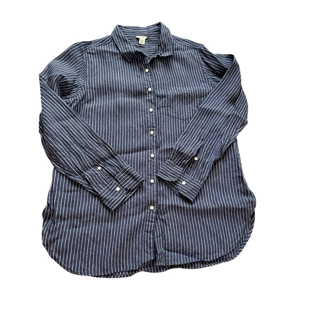 Lands' End Women's Linen Button Tab Button Down Shirt Blue/White Striped Size L